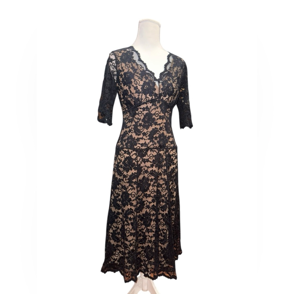 CAbi Black Lace Midi Dress Size Small Sheer Overlay Nude Lining Feminine Gothic - Picture 3 of 12
